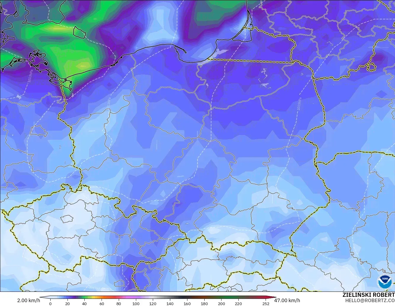 GFS モデル - ポーランド, 突風（最大）