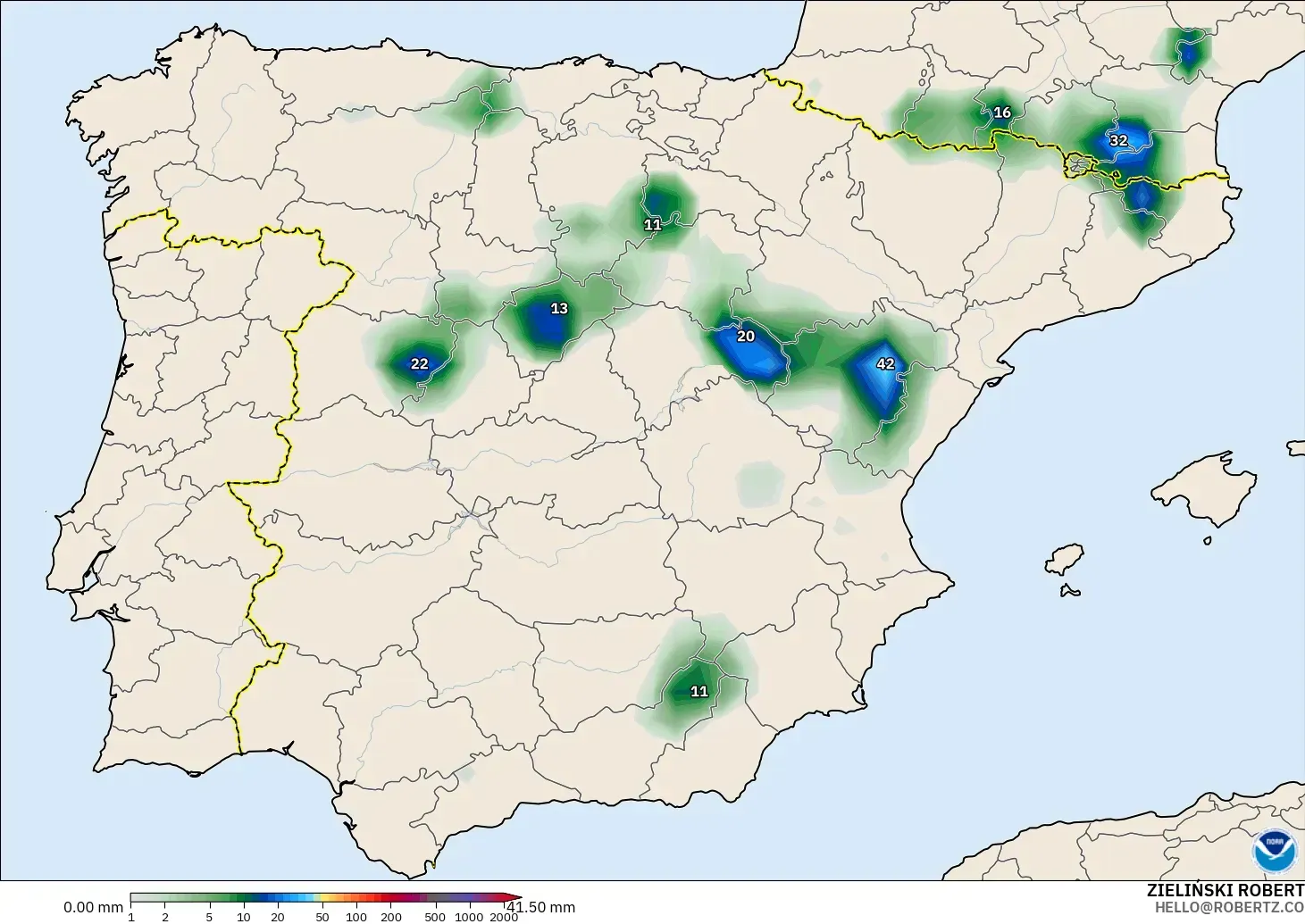 GFS モデル - スペイン, 降水量の合計