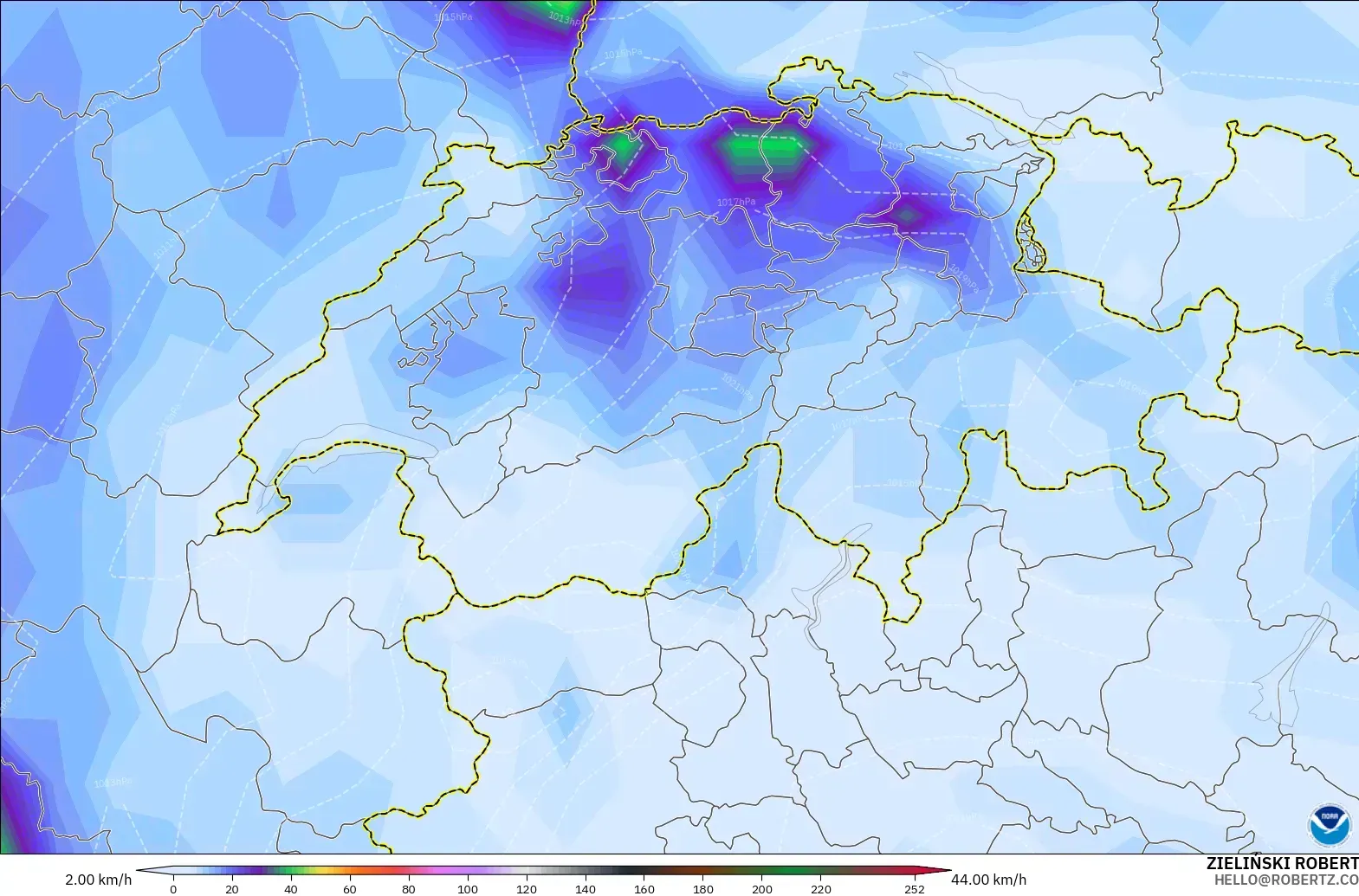 GFS モデル - スイス, 突風（最大）