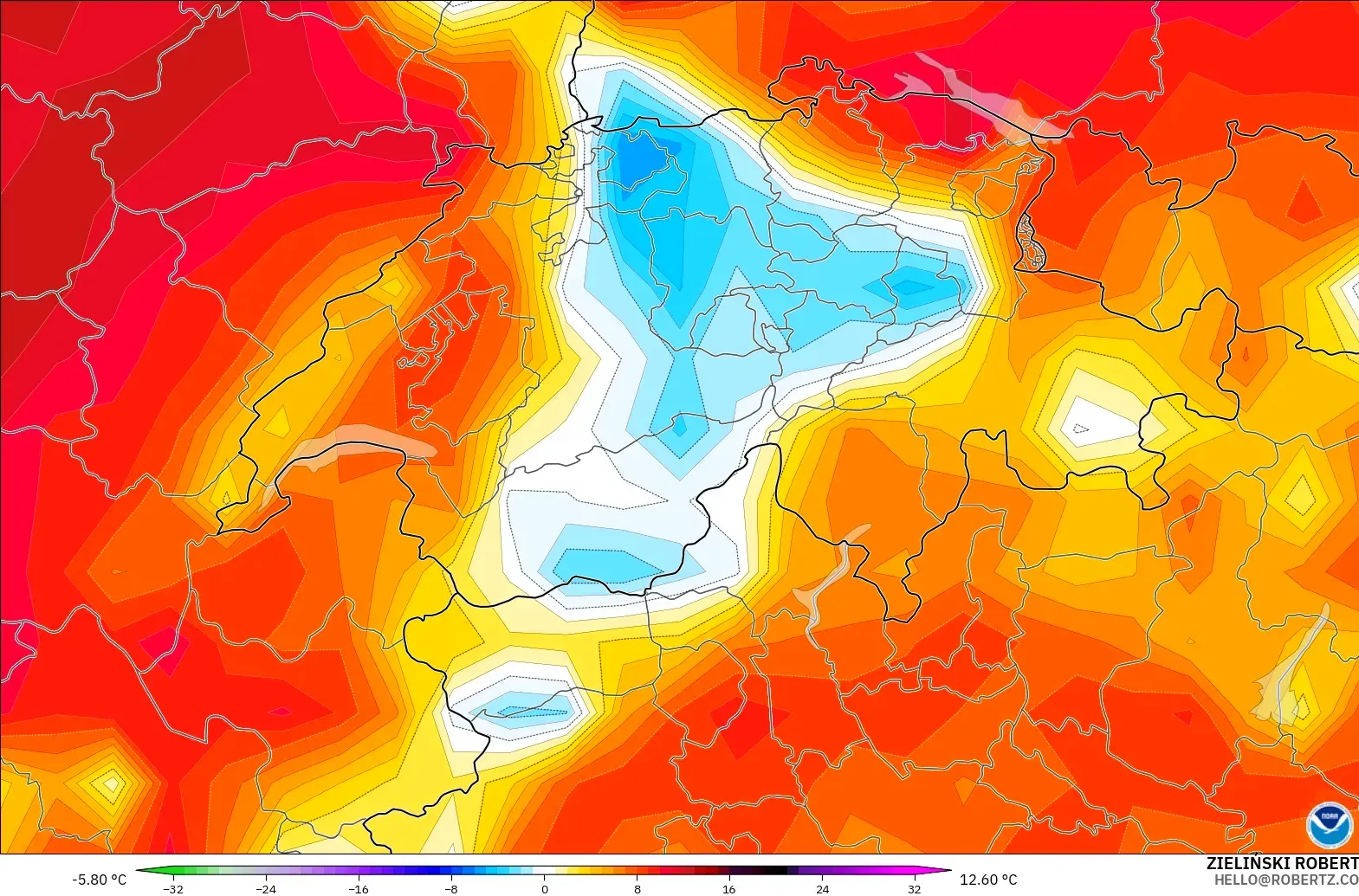 GFS モデル - スイス, 気温異常（2m）