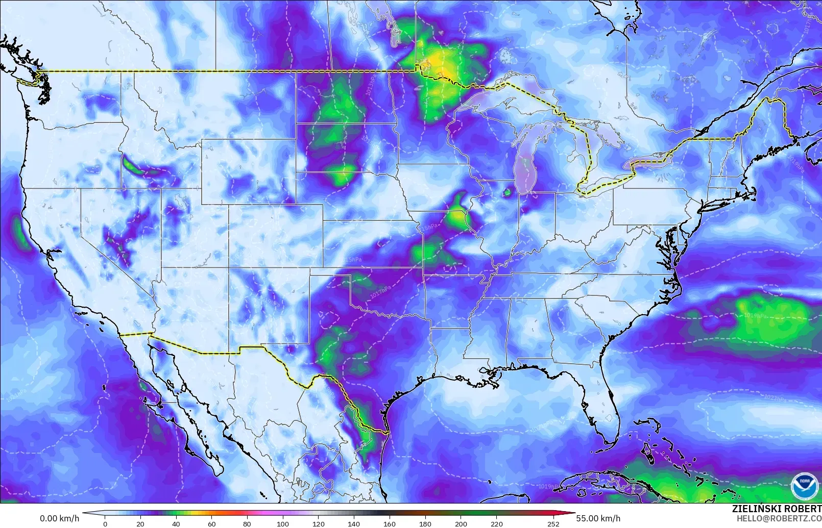 GFS モデル - アメリカ合衆国, 突風（最大）