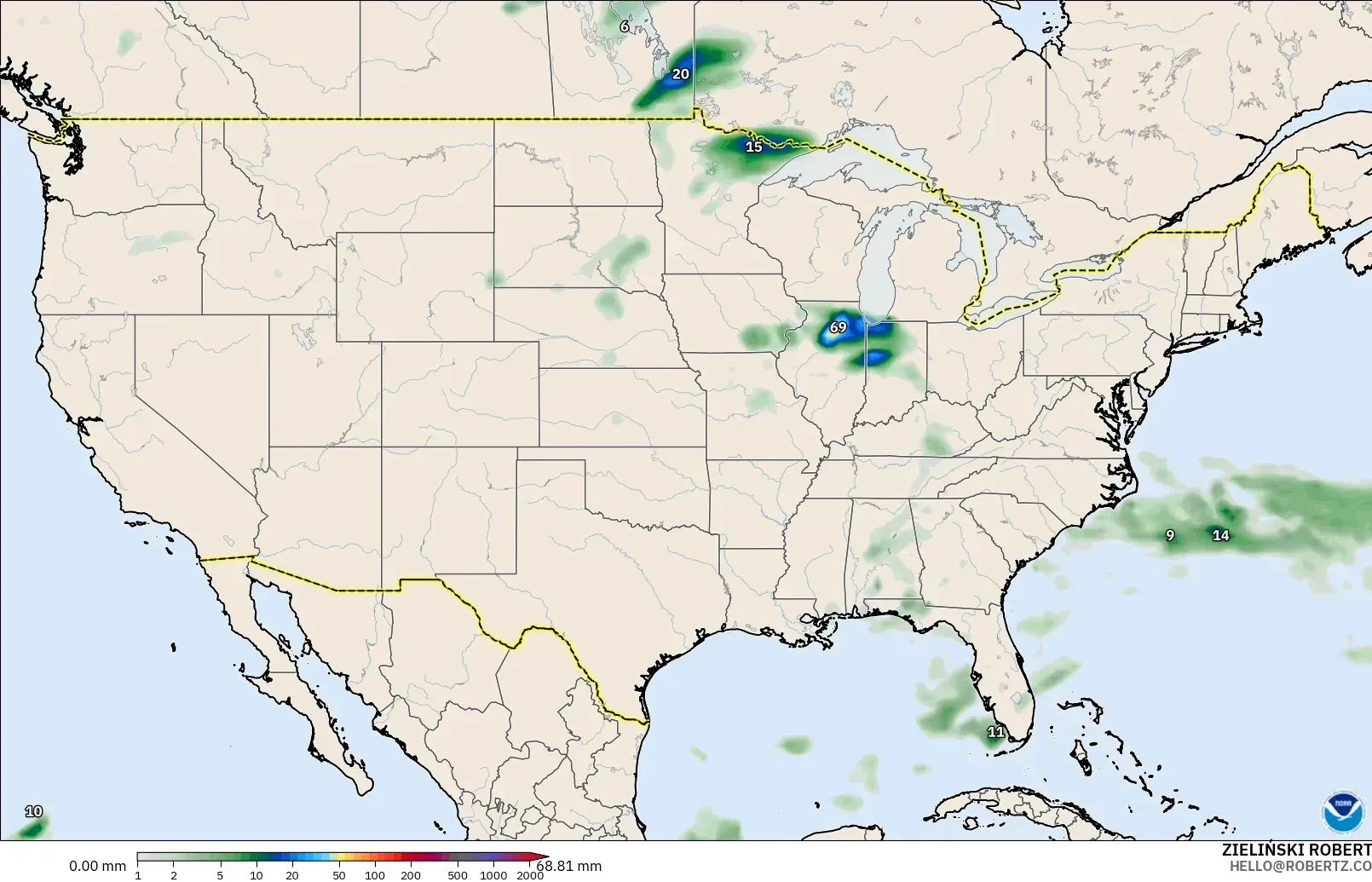 GFS モデル - アメリカ合衆国, 降水量の合計
