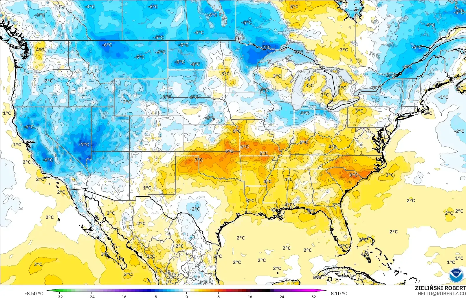 GFS モデル - アメリカ合衆国, 気温異常（2m）