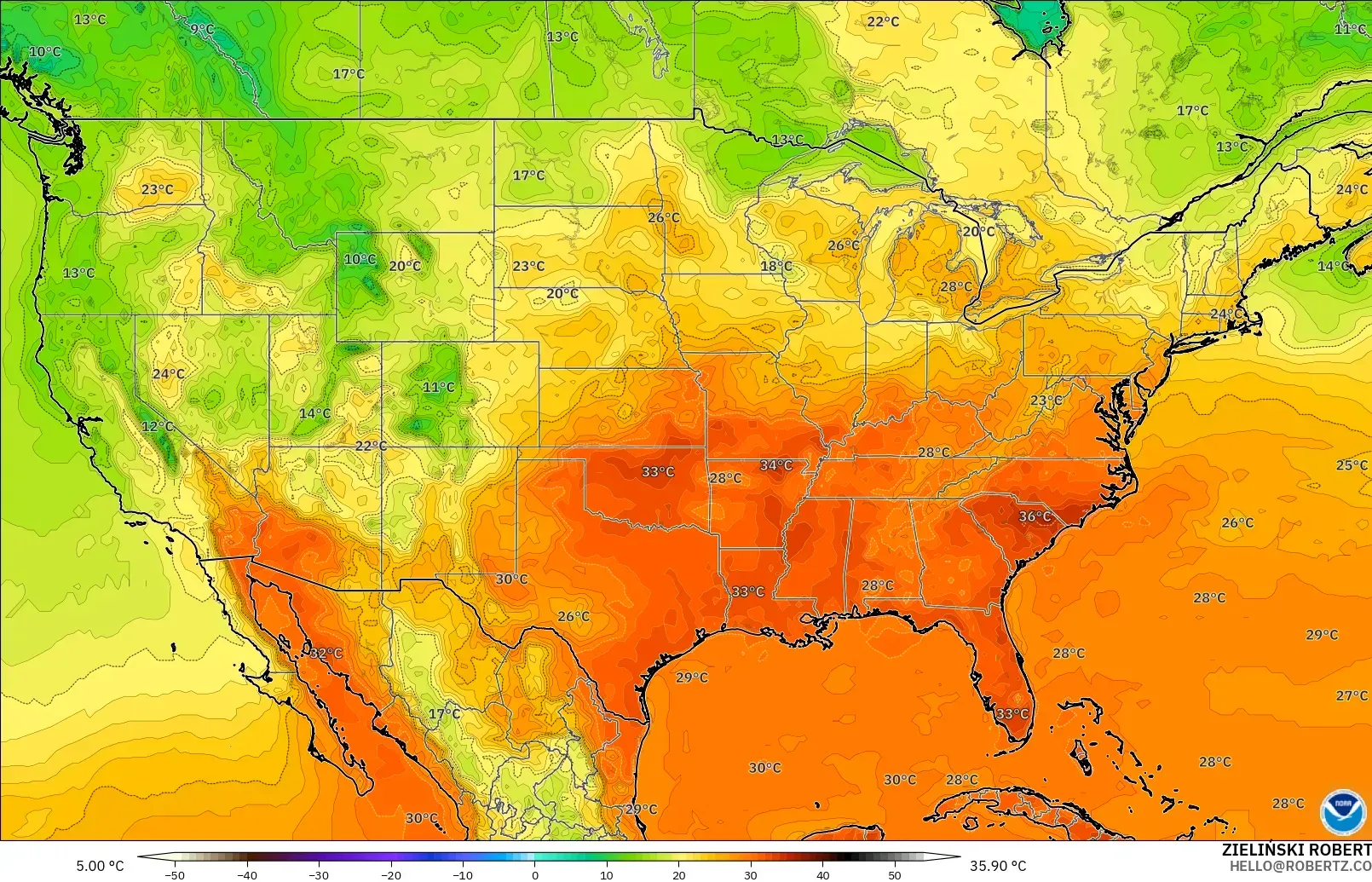GFS モデル - アメリカ合衆国, 気温（2m）