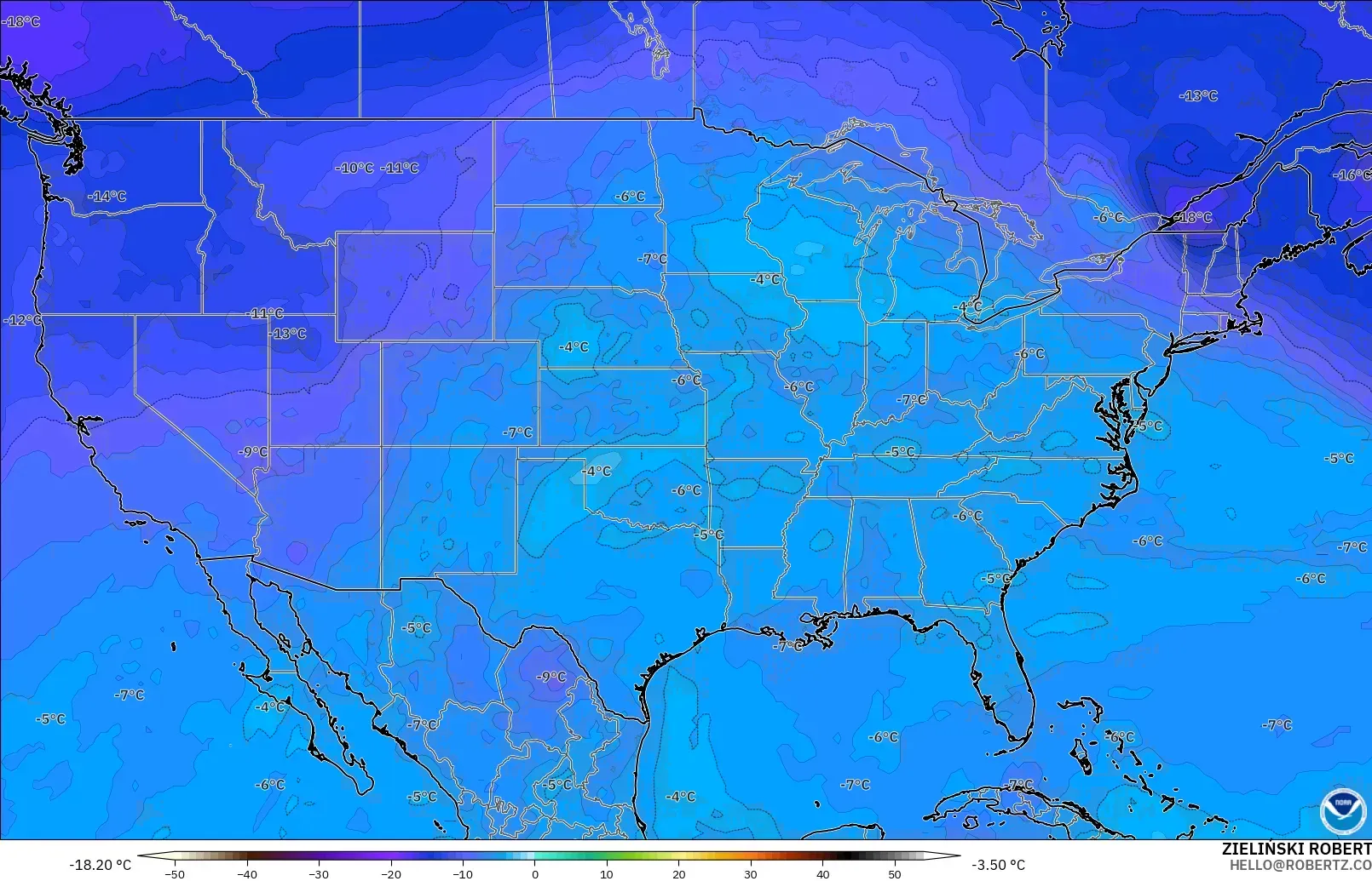 GFS モデル - アメリカ合衆国, 気温（500hPa）