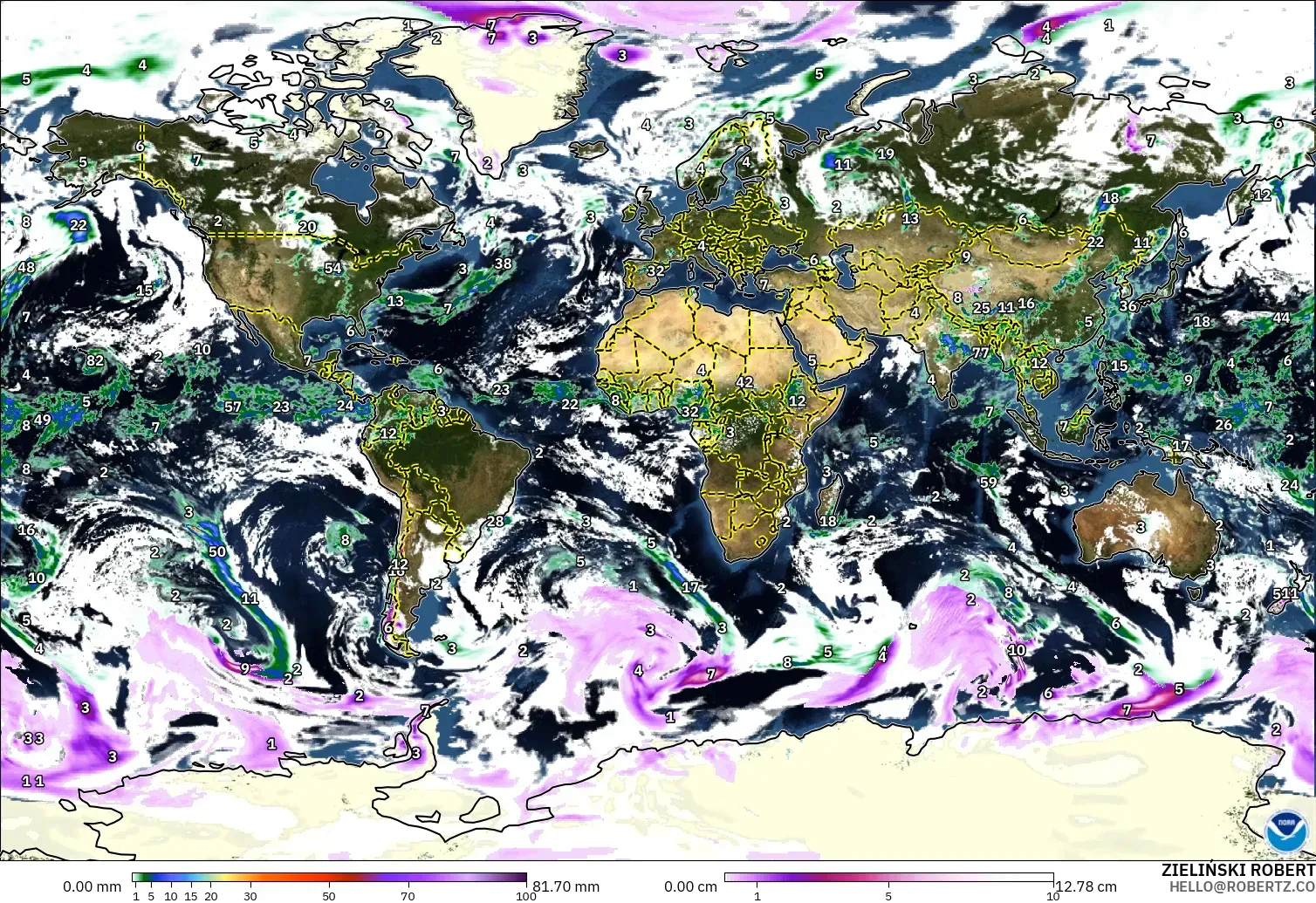 GFS モデル - 世界, 降水量、雲、気圧