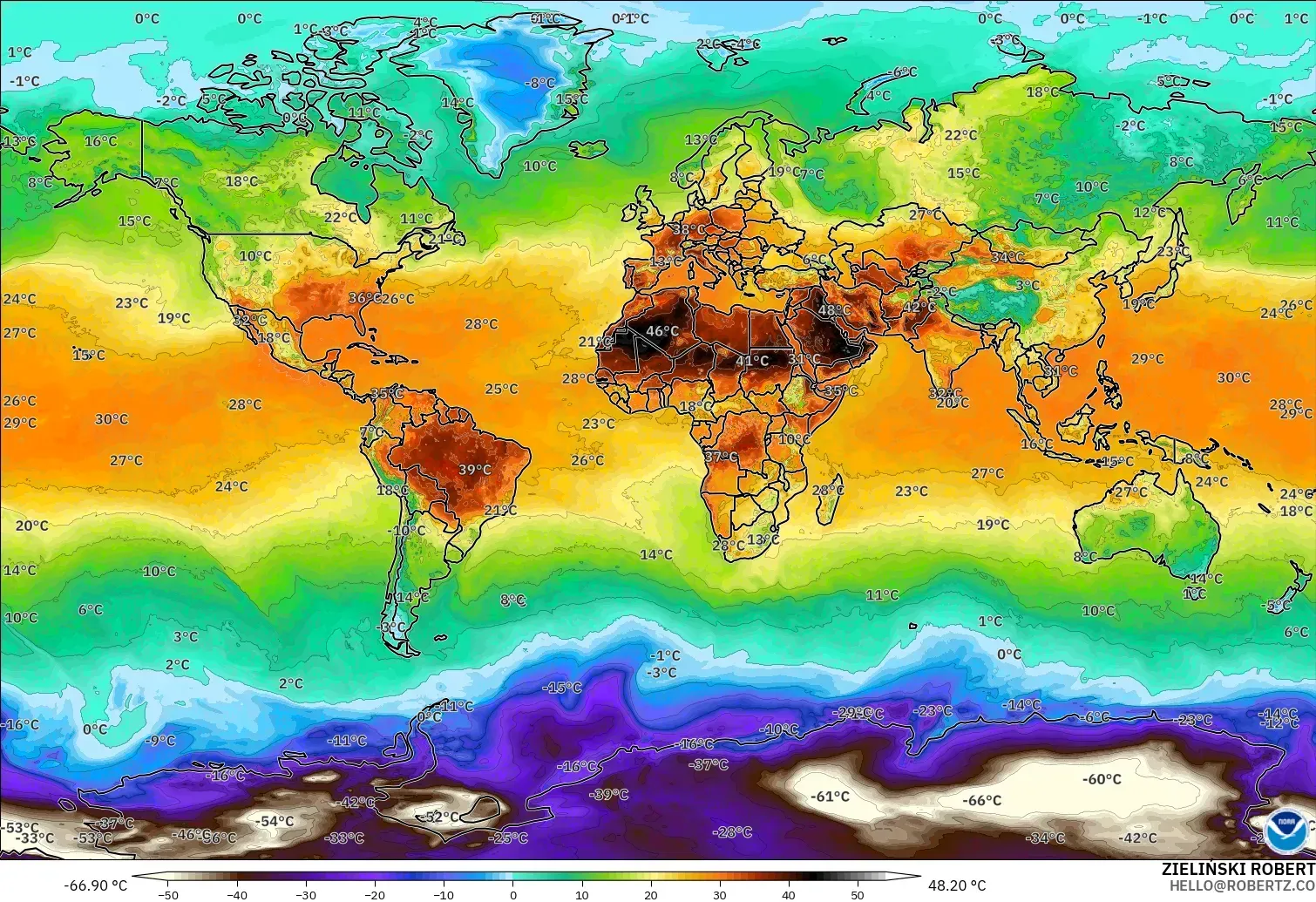 GFS モデル - 世界, 気温（2m）