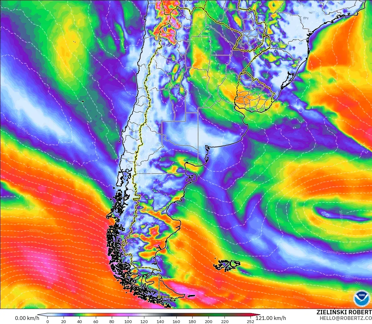 GFS モデル - アルゼンチン, 突風（最大）