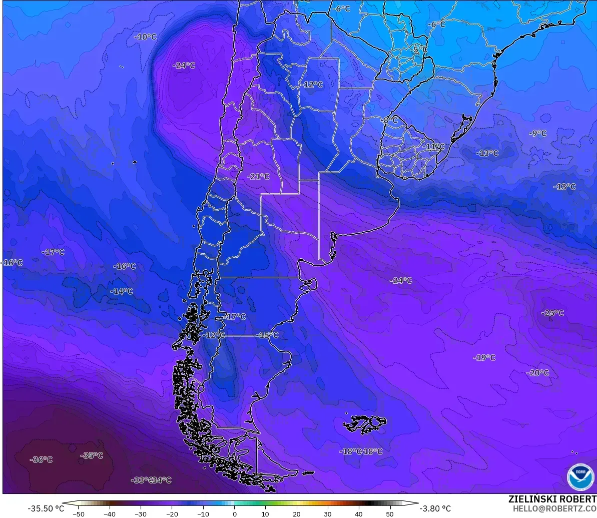 GFS モデル - アルゼンチン, 気温（500hPa）