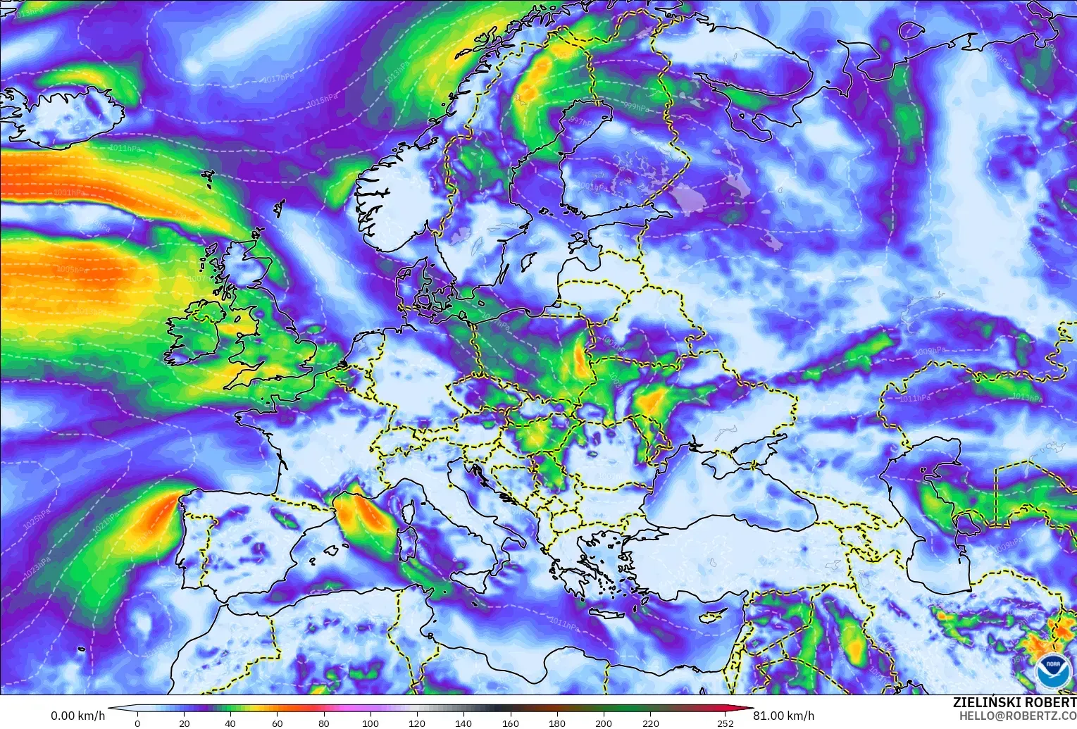 GFS モデル - ヨーロッパ, 突風（最大）