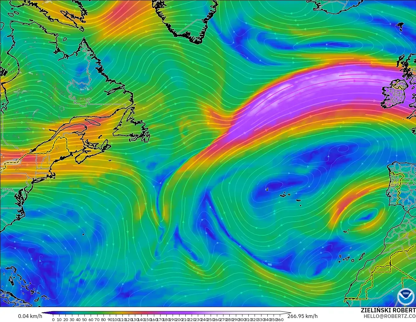 GFS モデル - 北大西洋, 風速（300hPa）