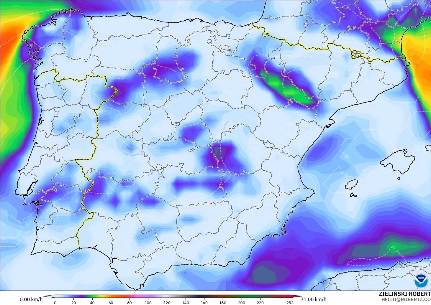GFS モデル - スペイン, 突風（最大）