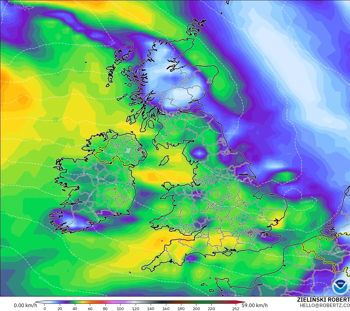 GFS モデル - イギリス, 突風（最大）