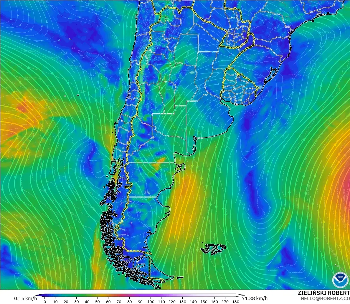GFS モデル - アルゼンチン, 風速（10m）