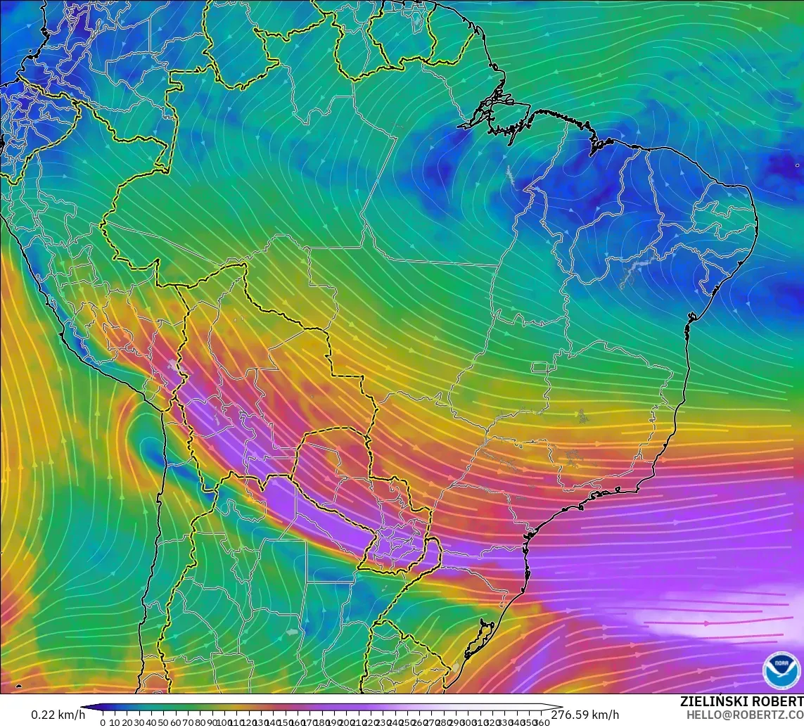 GFS モデル - ブラジル, 風速（300hPa）