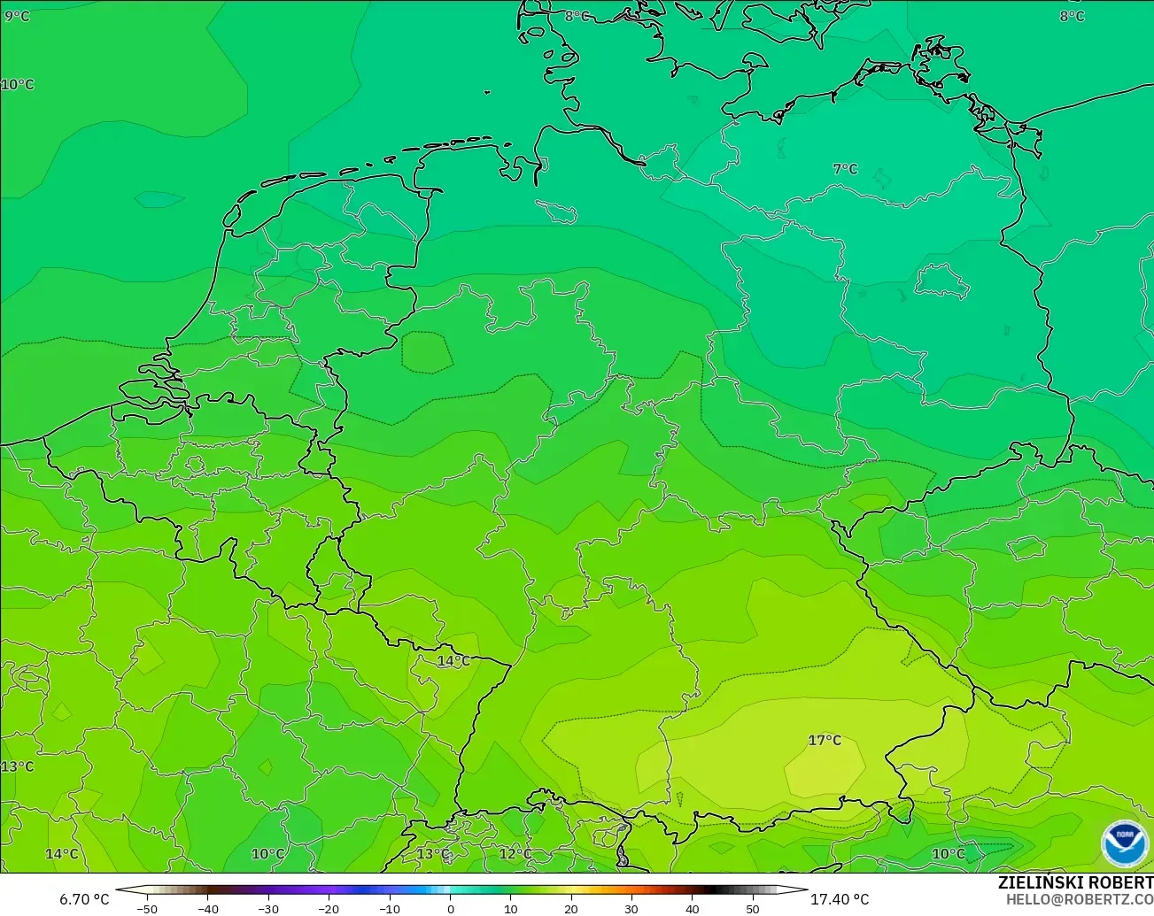 GFS モデル - ドイツ, 気温（850hPa）