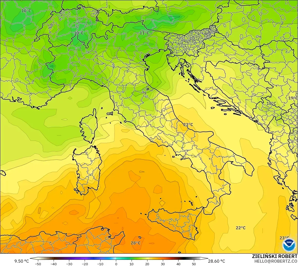 GFS モデル - イタリア, 気温（850hPa）
