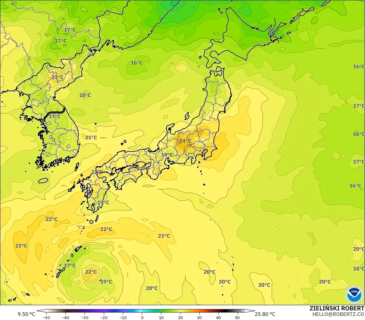 GFS モデル - 日本, 気温（850hPa）