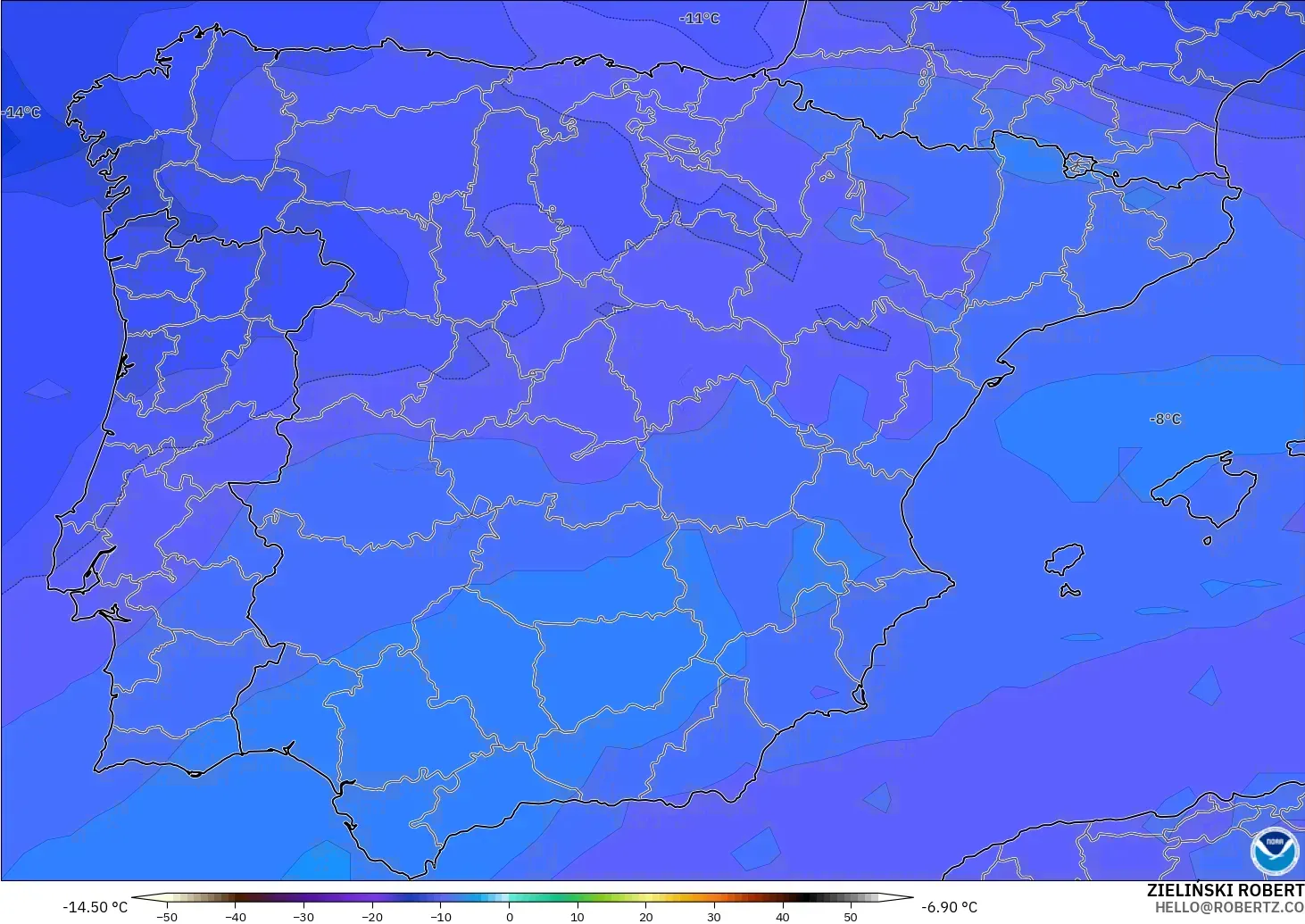 GFS モデル - スペイン, 気温（500hPa）