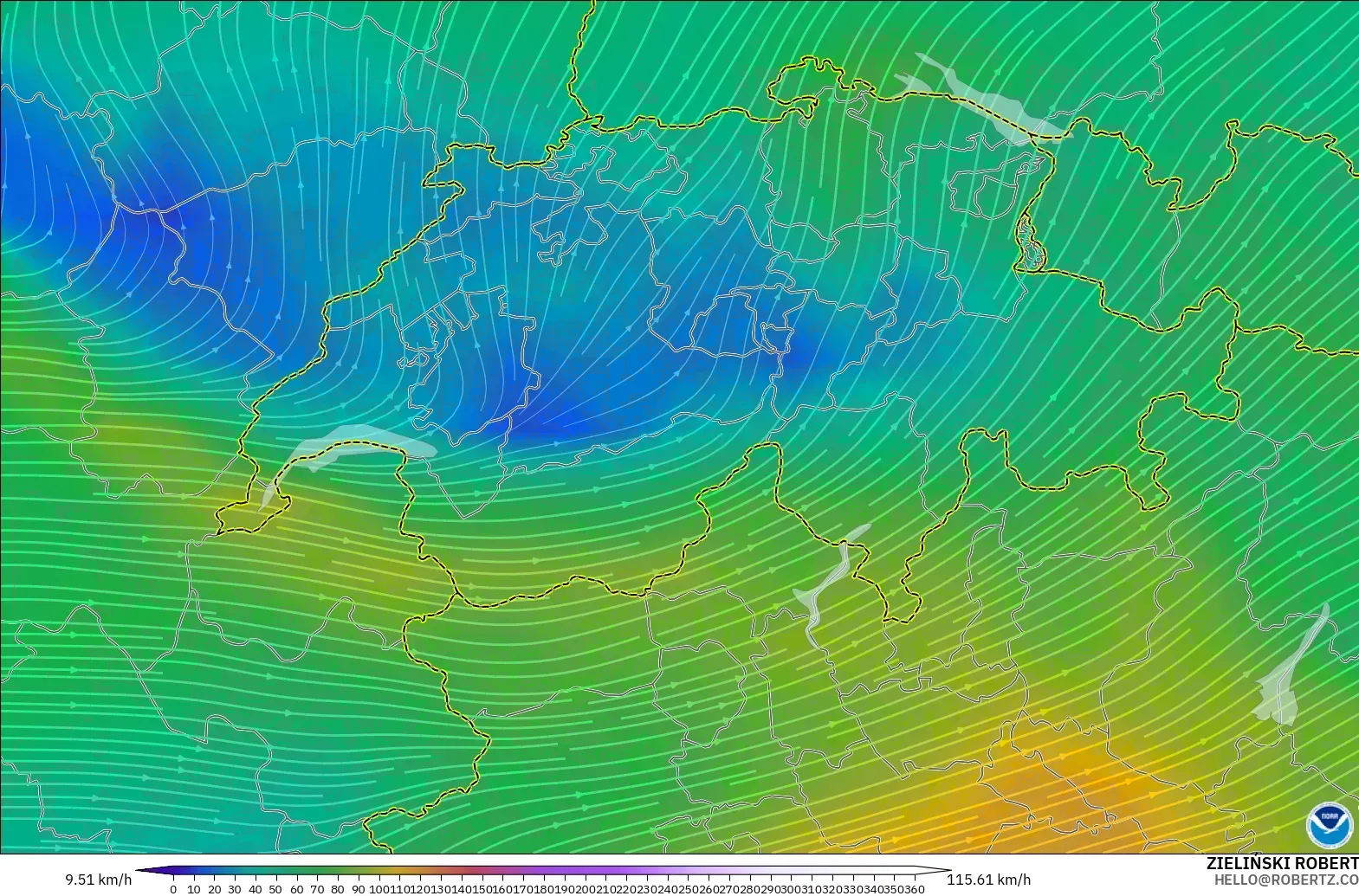 GFS モデル - スイス, 風速（300hPa）