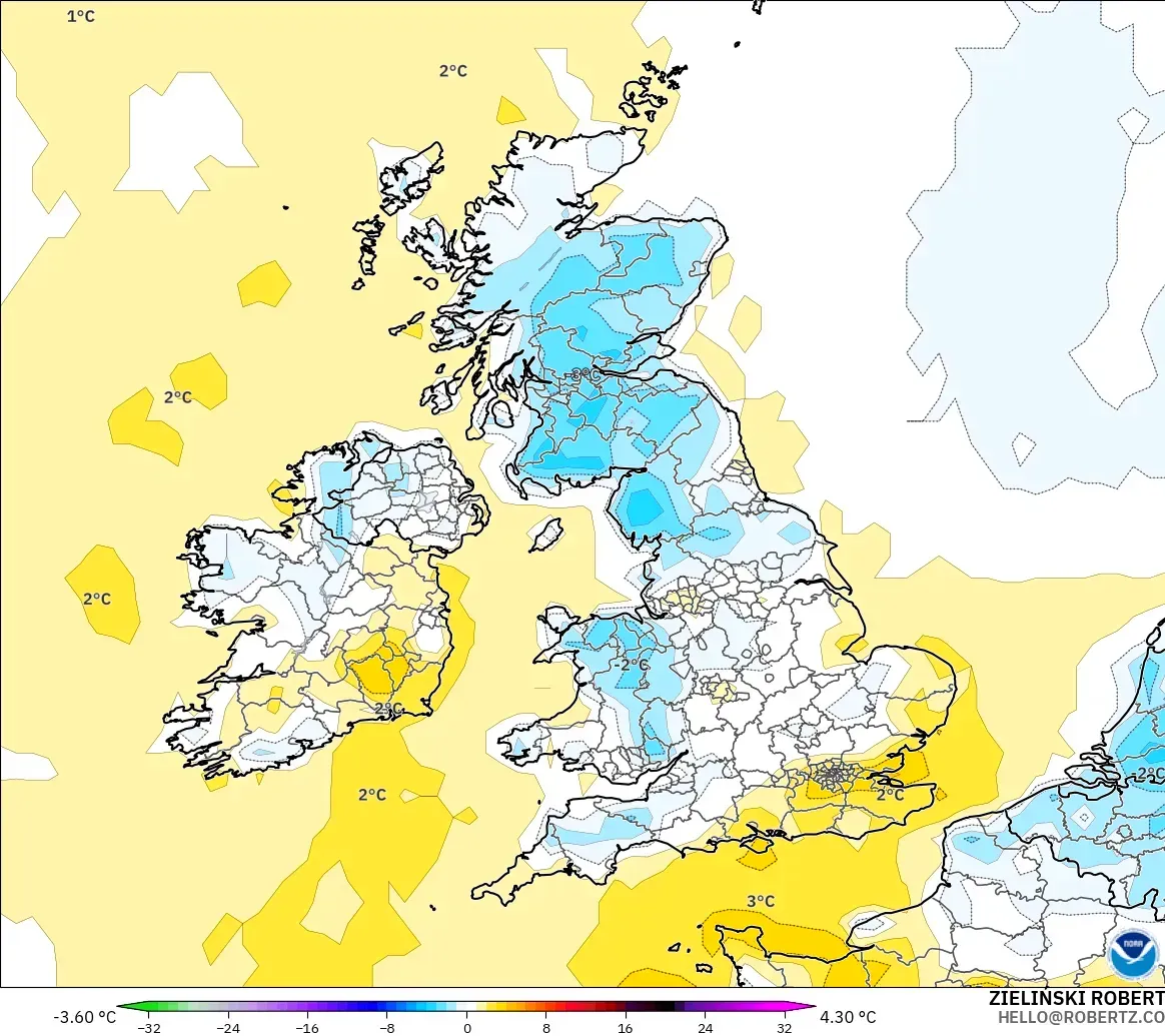 GFS モデル - イギリス, 気温異常（2m）