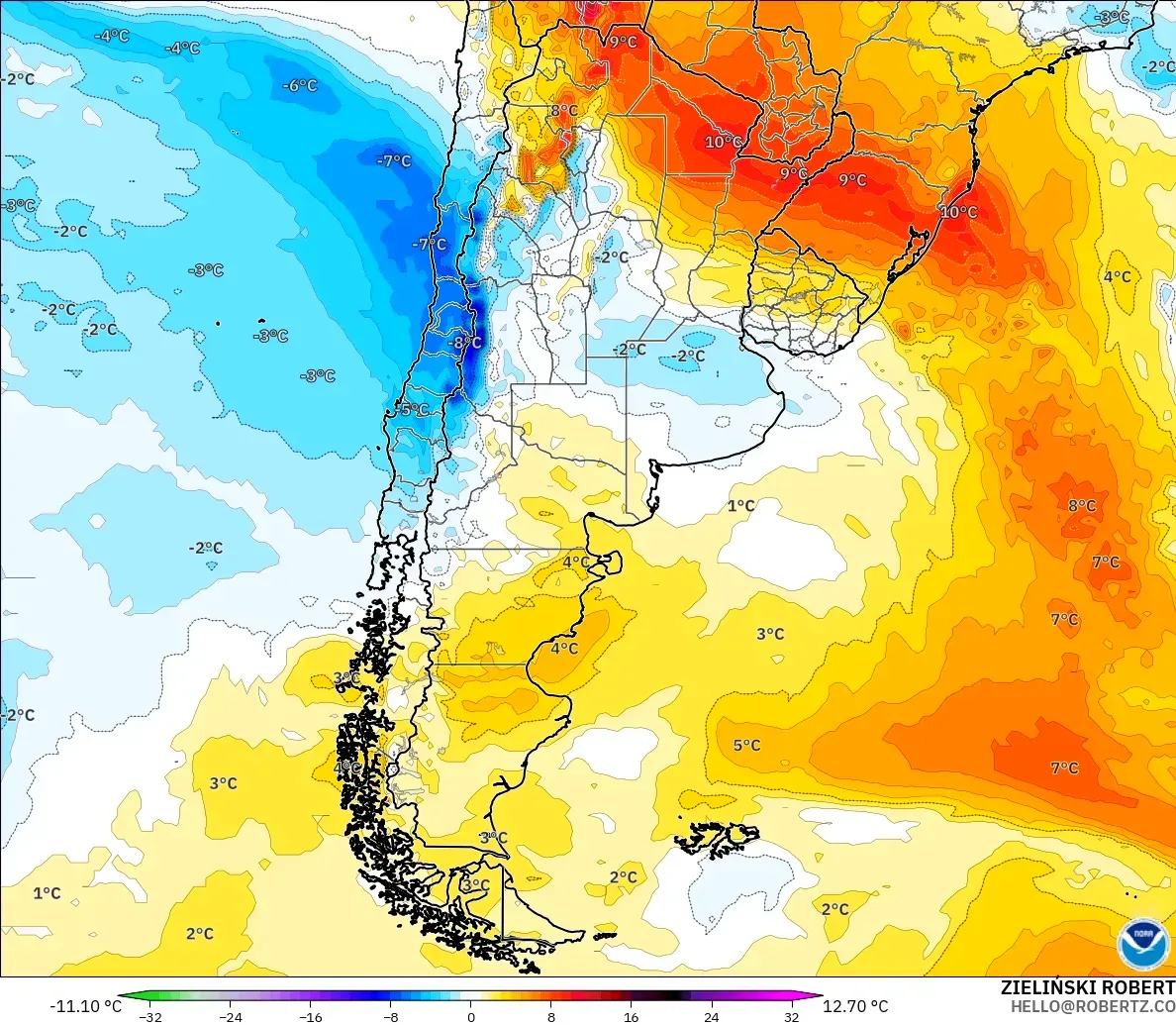 GFS モデル - アルゼンチン, 気温異常（850hPa）