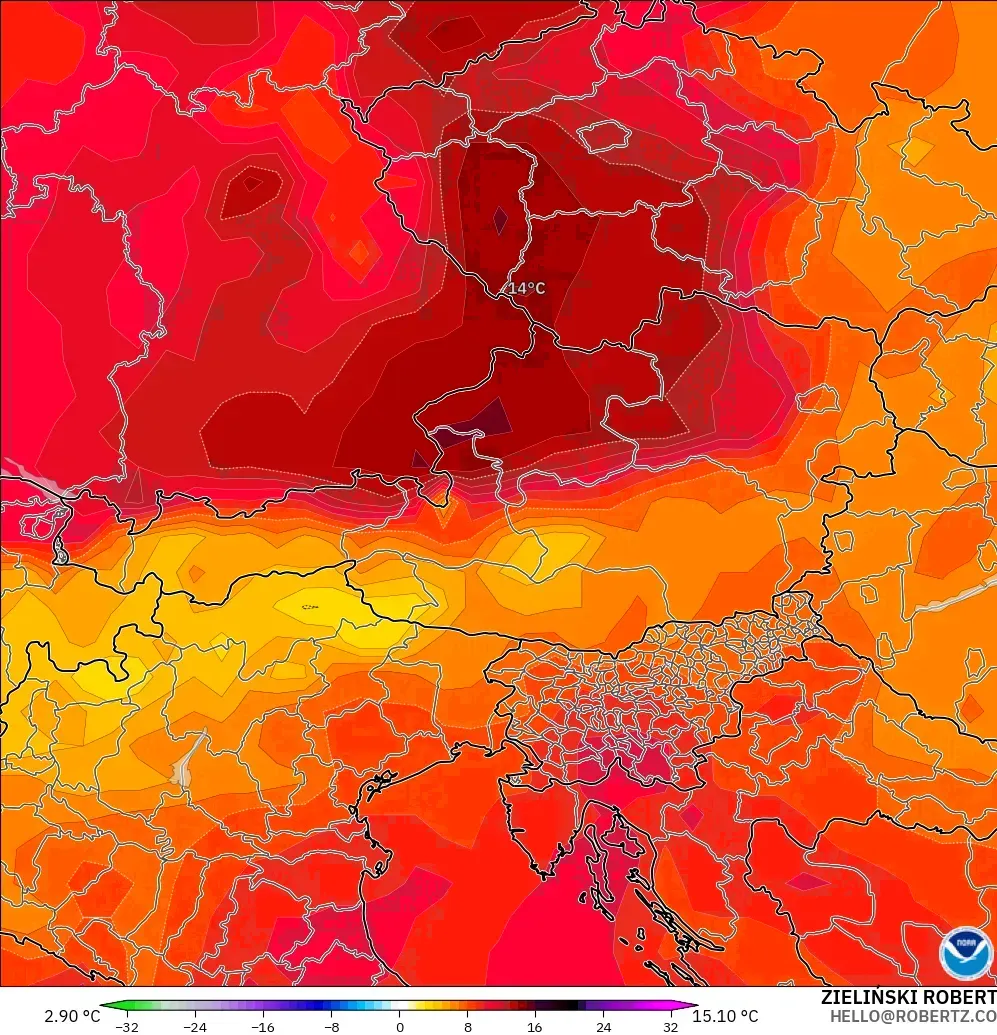 GFS モデル - オーストリア, 気温異常（850hPa）