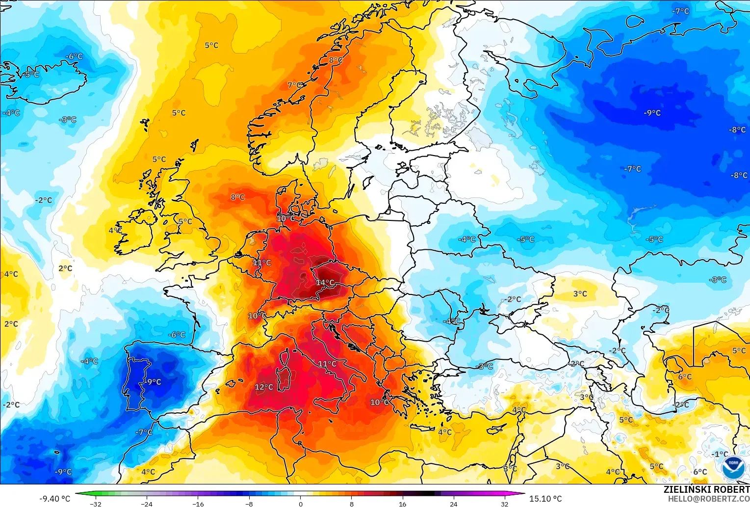 GFS モデル - ヨーロッパ, 気温異常（850hPa）