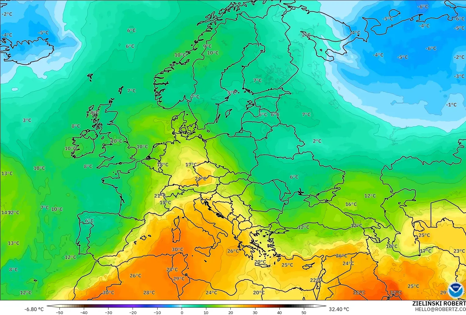 GFS モデル - ヨーロッパ, 気温（850hPa）
