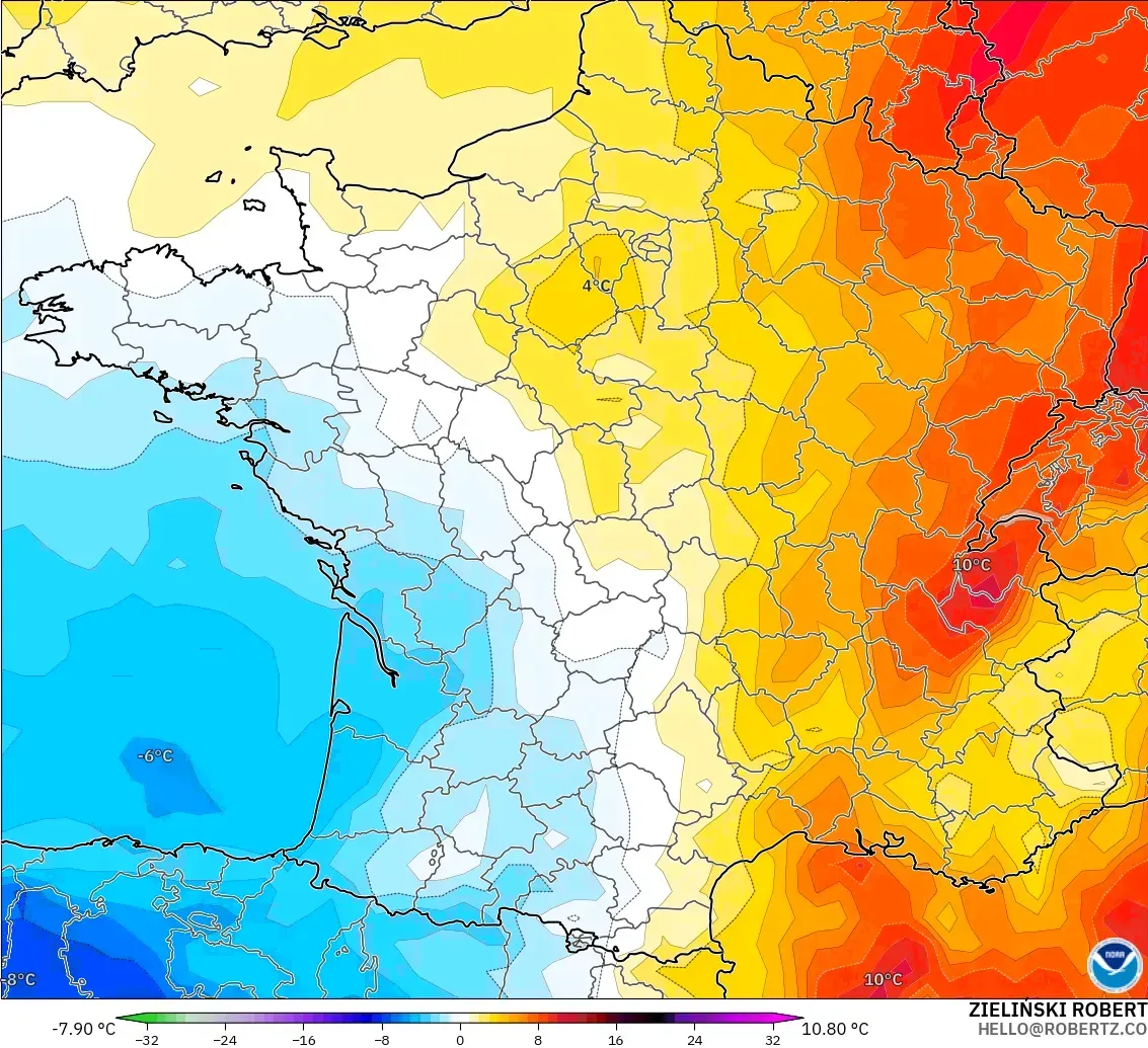 GFS モデル - フランス, 気温異常（850hPa）