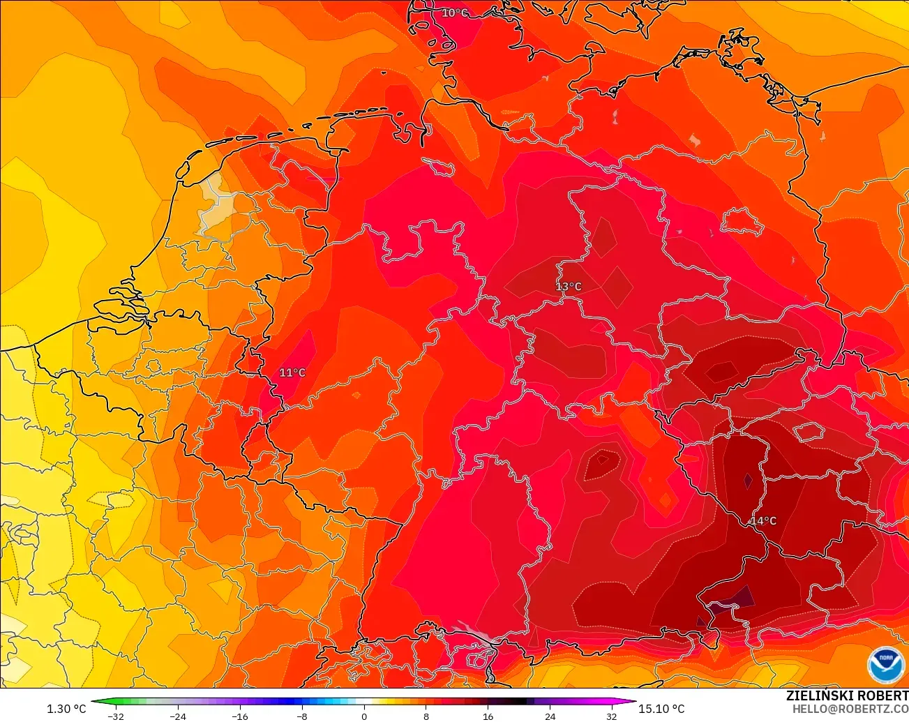 GFS モデル - ドイツ, 気温異常（850hPa）