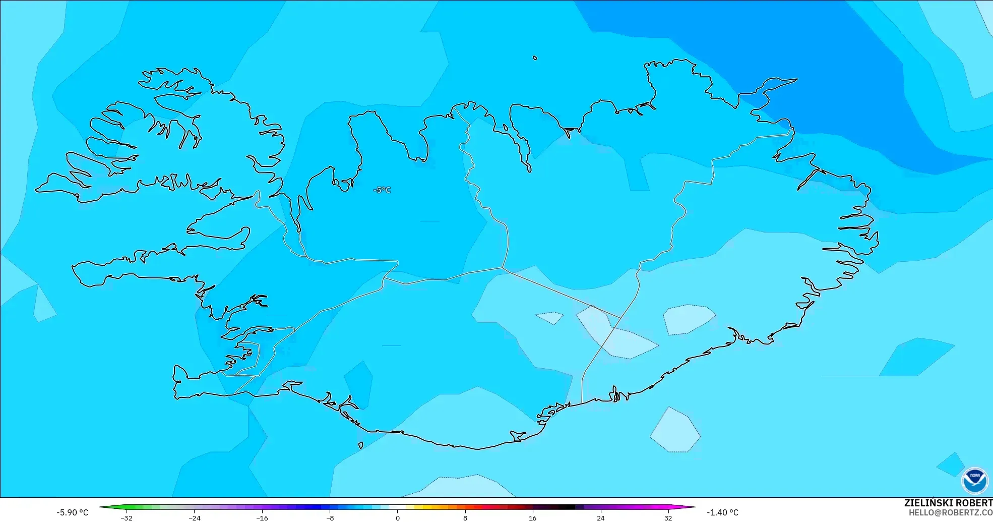 GFS モデル - アイスランド, 気温異常（850hPa）