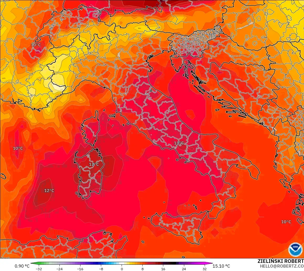 GFS モデル - イタリア, 気温異常（850hPa）