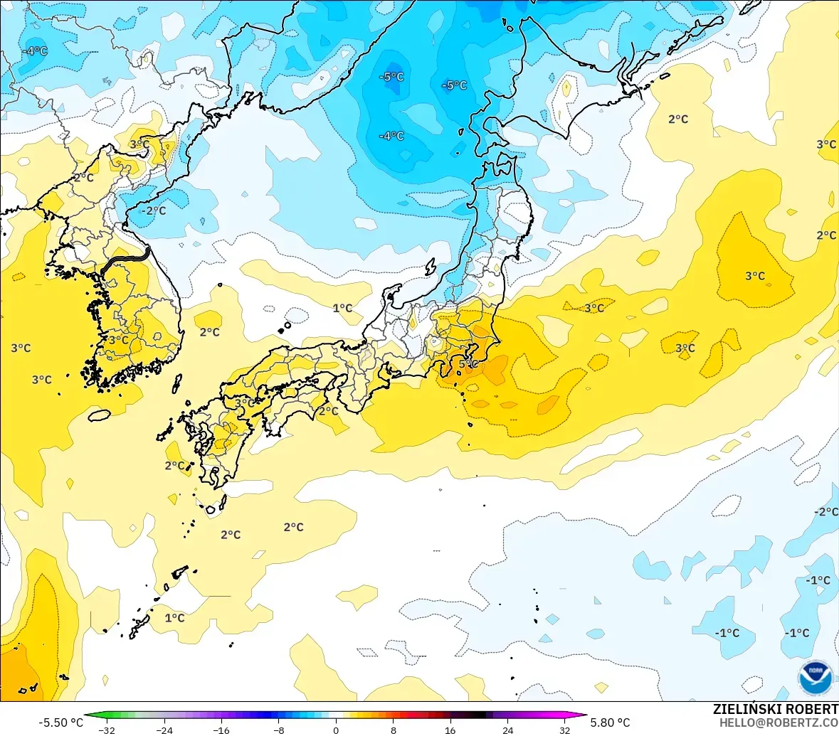 GFS モデル - 日本, 気温異常（850hPa）