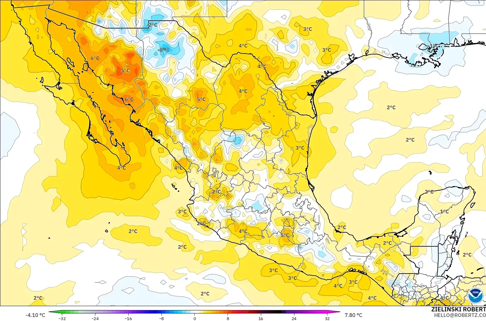 GFS モデル - メキシコ, 気温異常（850hPa）