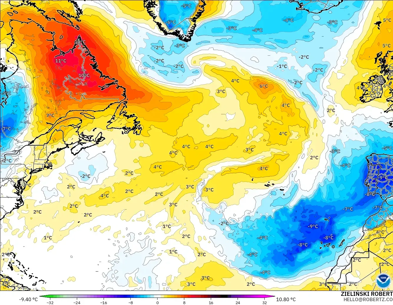 GFS モデル - 北大西洋, 気温異常（850hPa）
