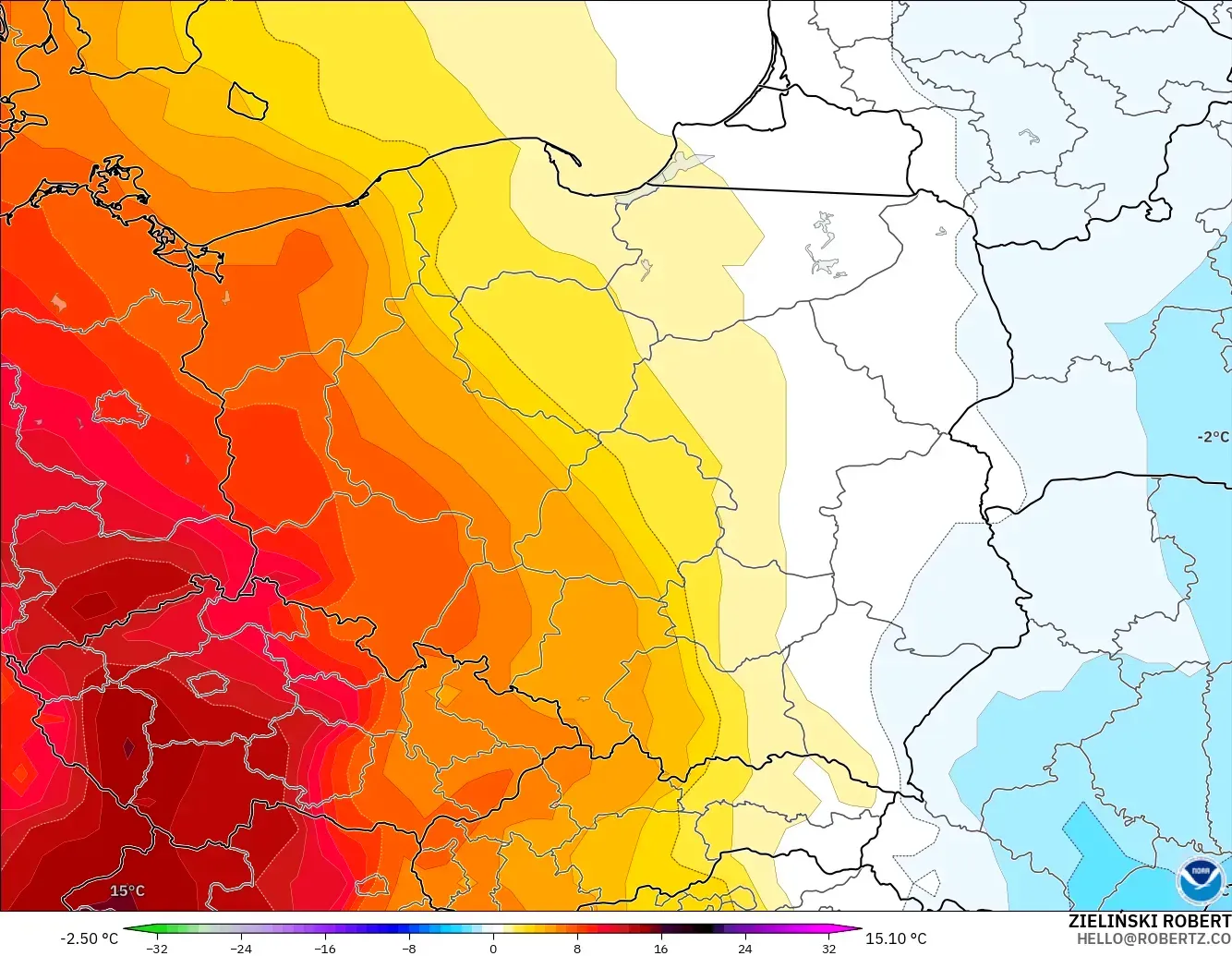 GFS モデル - ポーランド, 気温異常（850hPa）