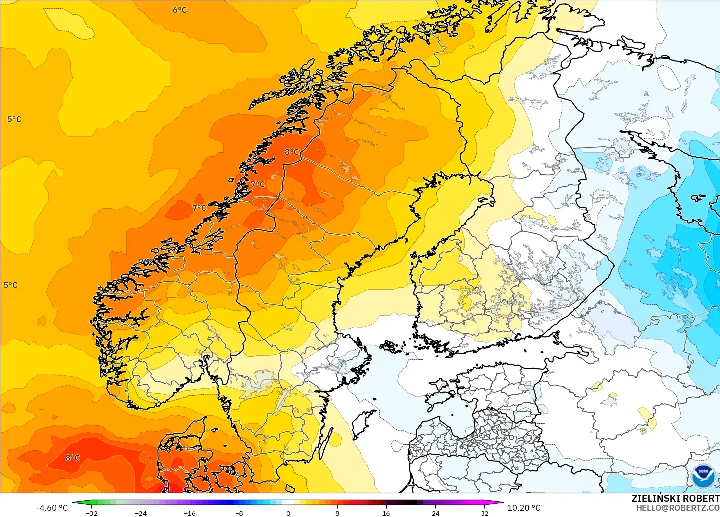 GFS モデル - スカンジナビア, 気温異常（850hPa）