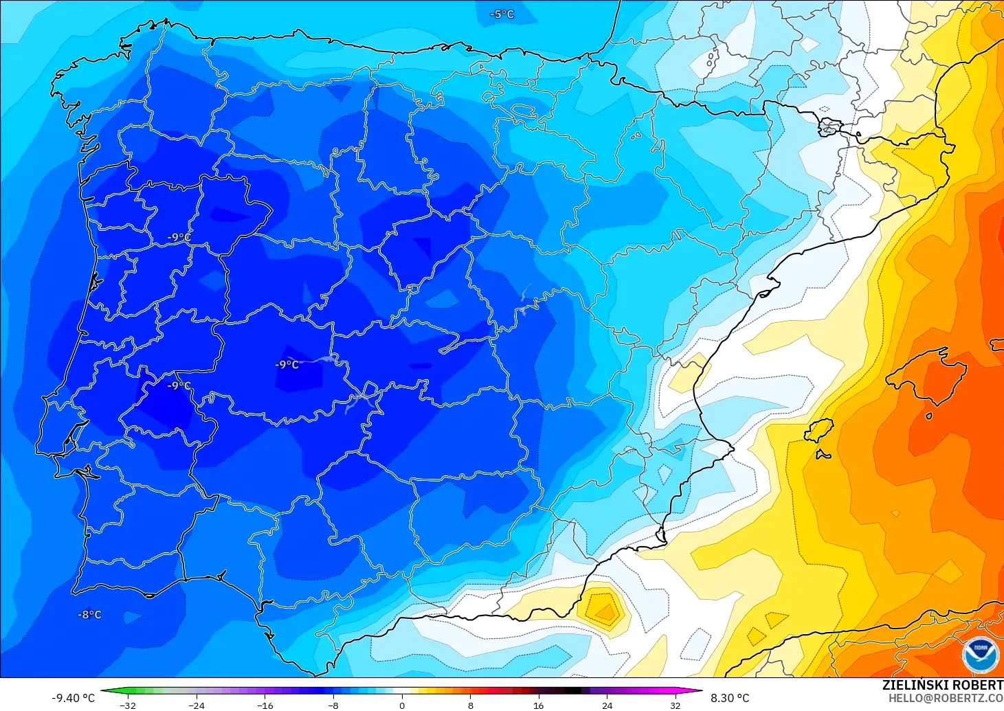 GFS モデル - スペイン, 気温異常（850hPa）