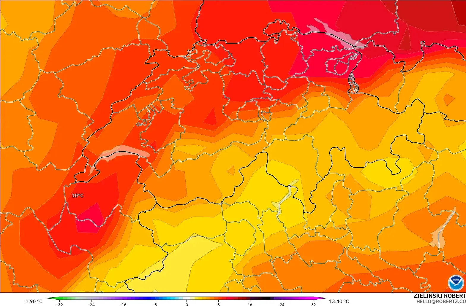 GFS モデル - スイス, 気温異常（850hPa）