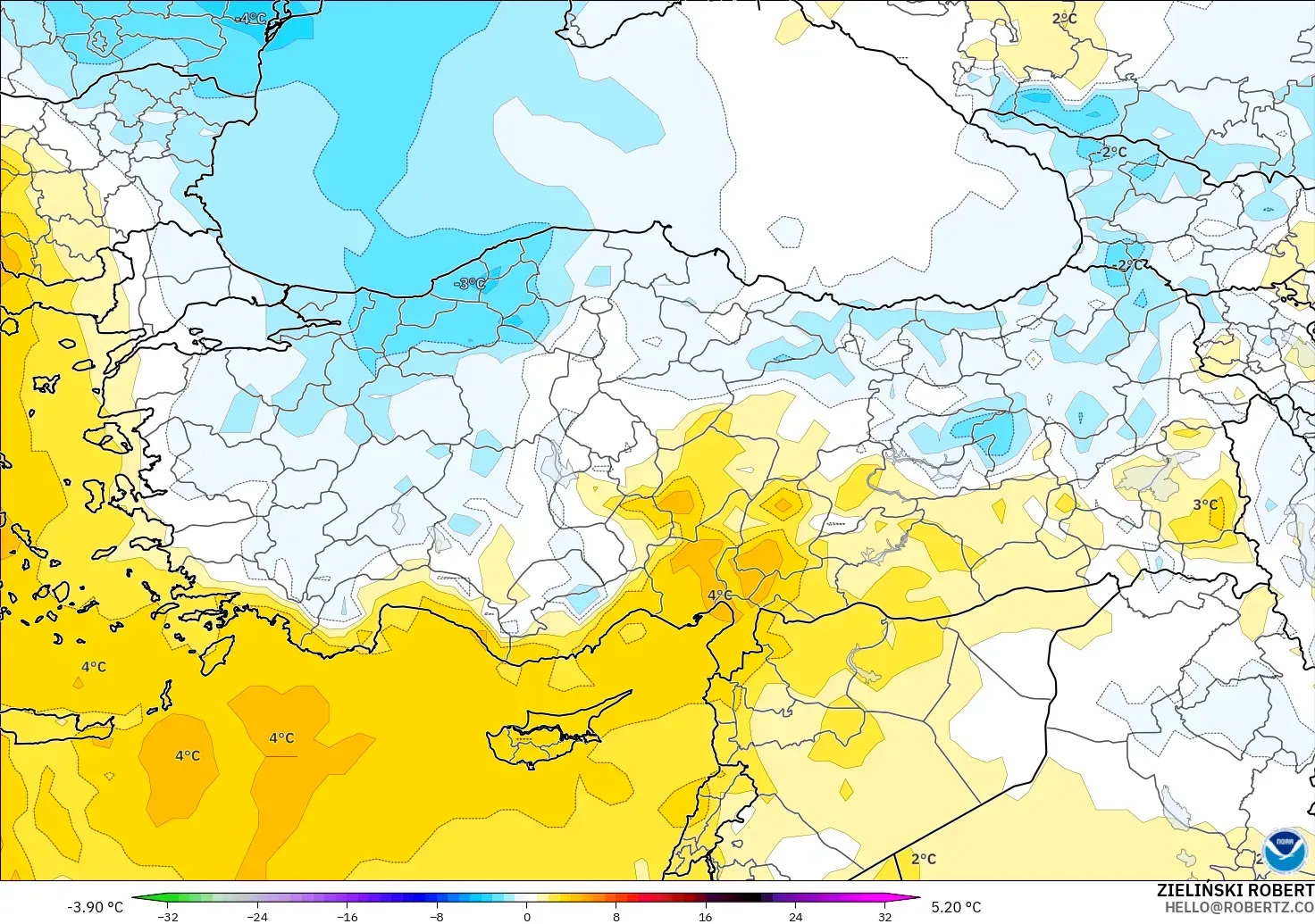 GFS モデル - トルコ, 気温異常（850hPa）