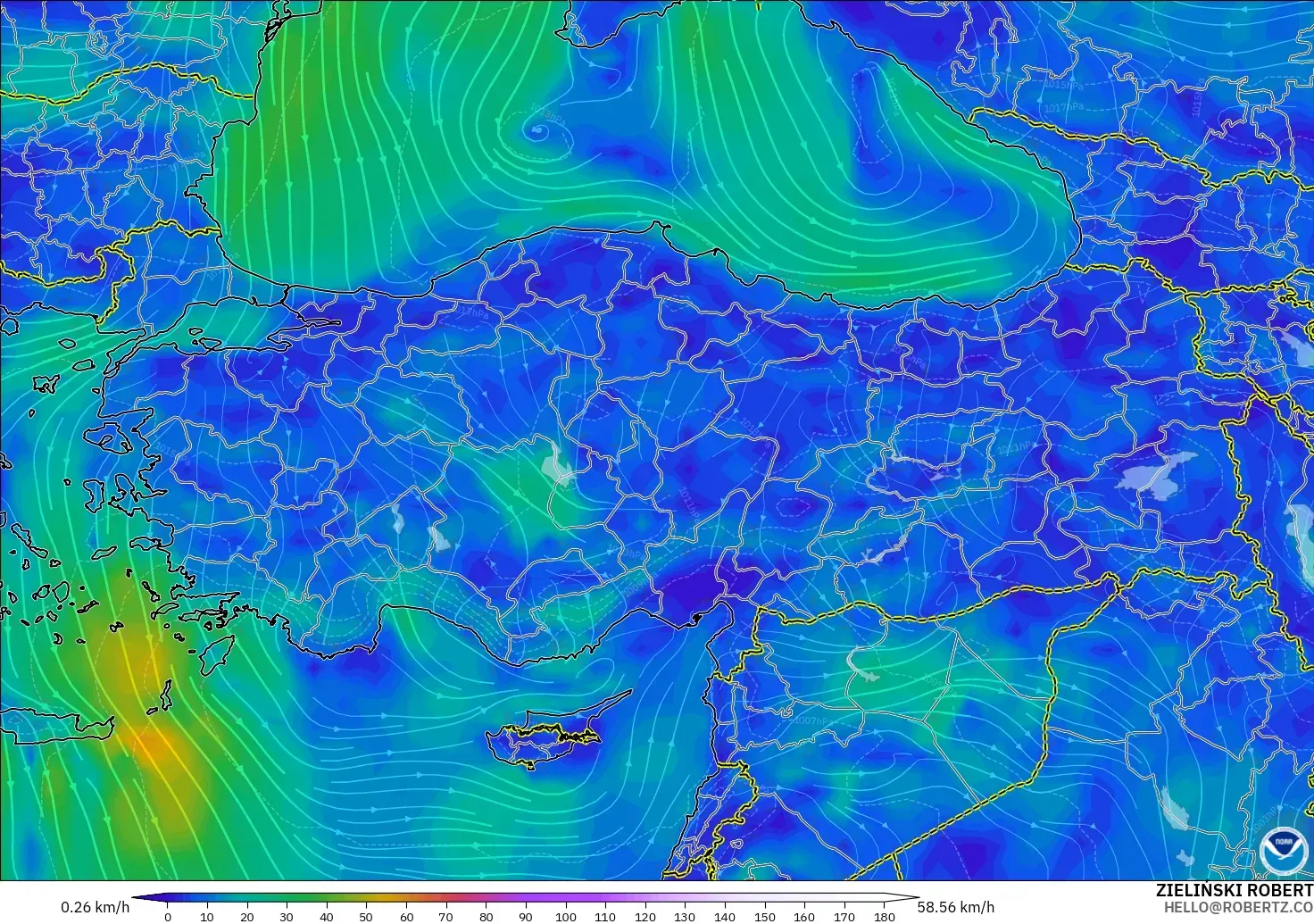GFS モデル - トルコ, 風速（10m）