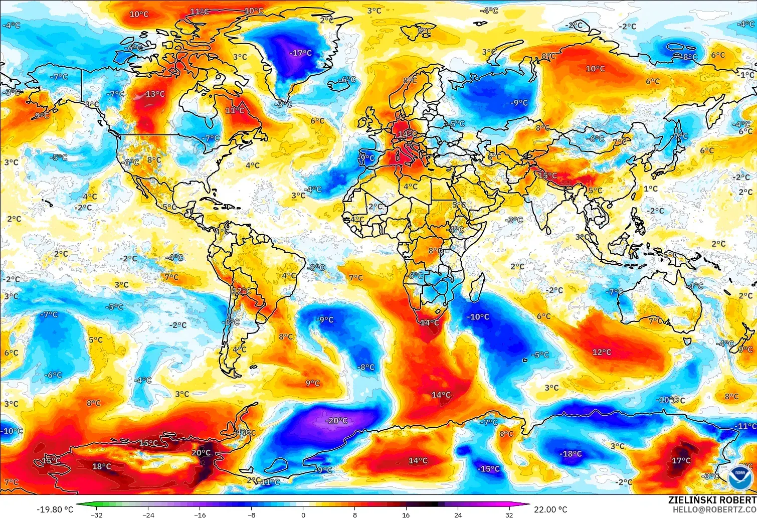 GFS モデル - 世界, 気温異常（850hPa）