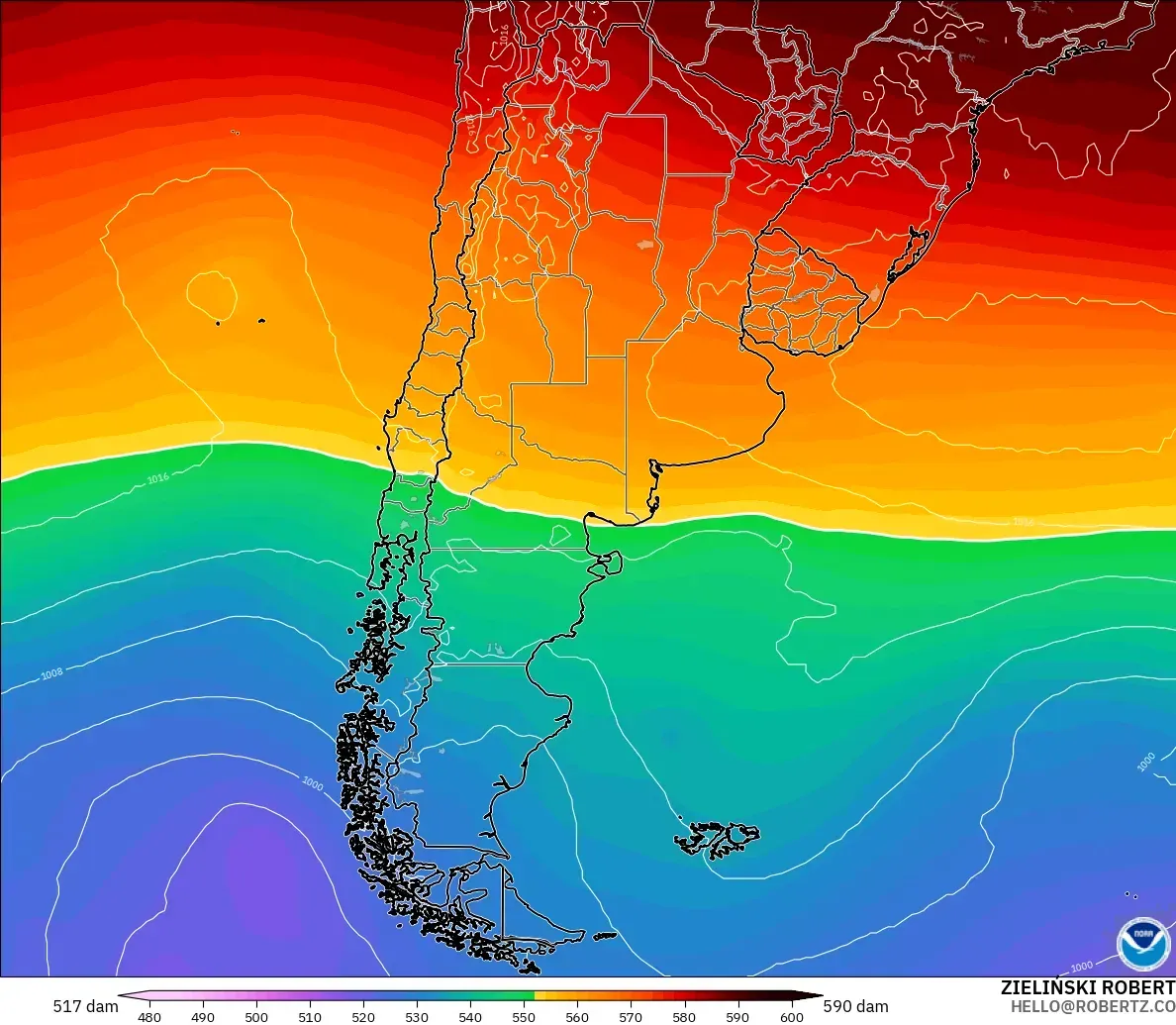 GFS モデル - アルゼンチン, 500hPaのジオポテンシャル高度