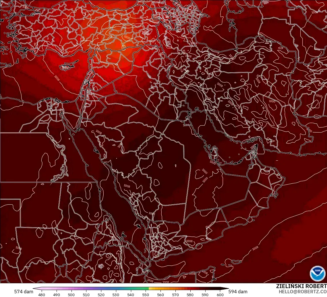 GFS モデル - 中東, 500hPaのジオポテンシャル高度