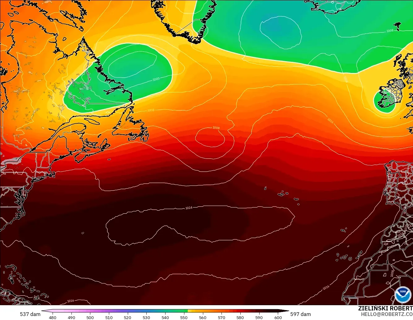 GFS モデル - 北大西洋, 500hPaのジオポテンシャル高度