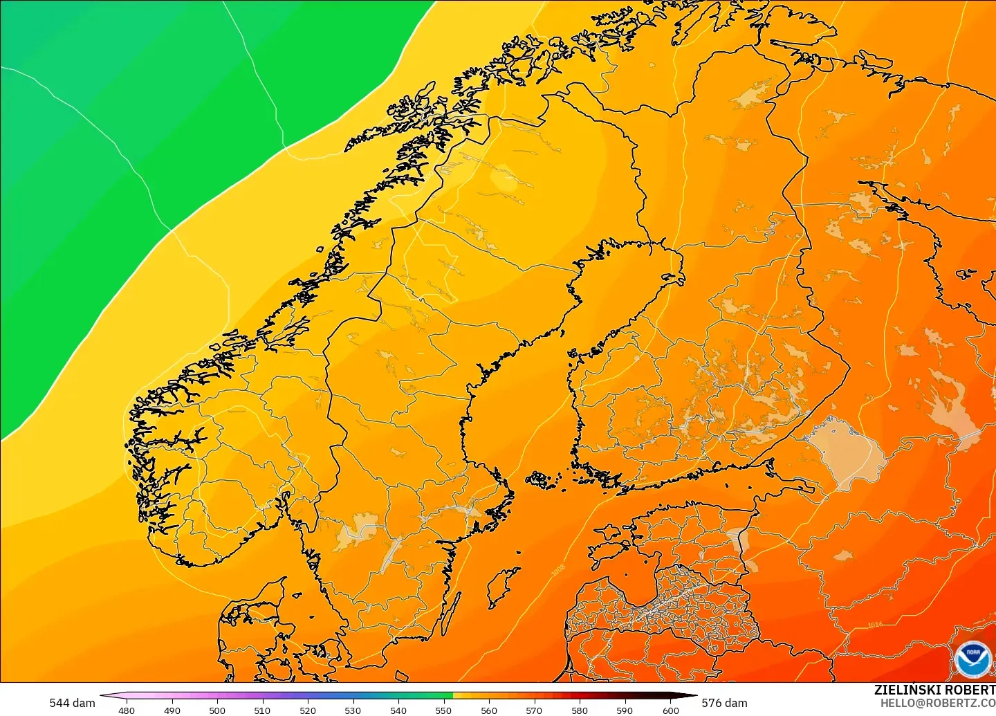 GFS モデル - スカンジナビア, 500hPaのジオポテンシャル高度