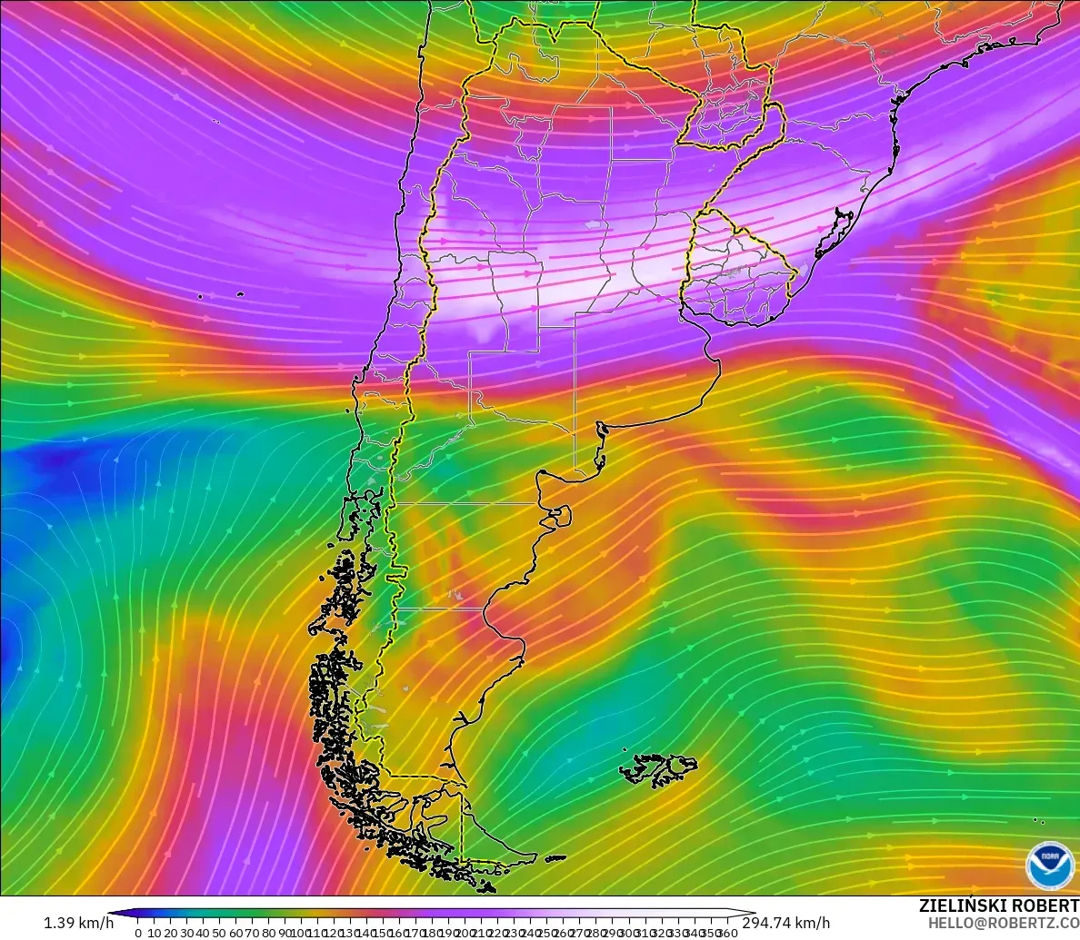 GFS モデル - アルゼンチン, 風速（300hPa）