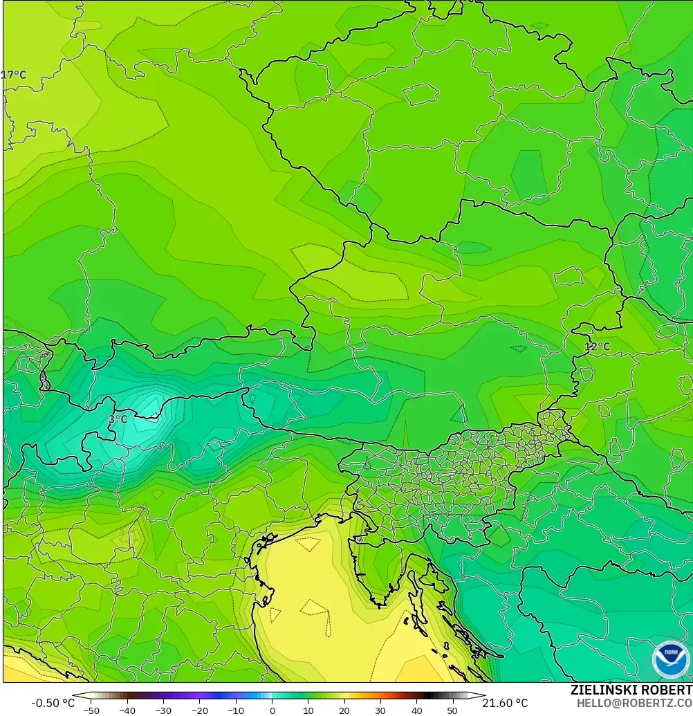 GFS モデル - オーストリア, 露点温度（2m）