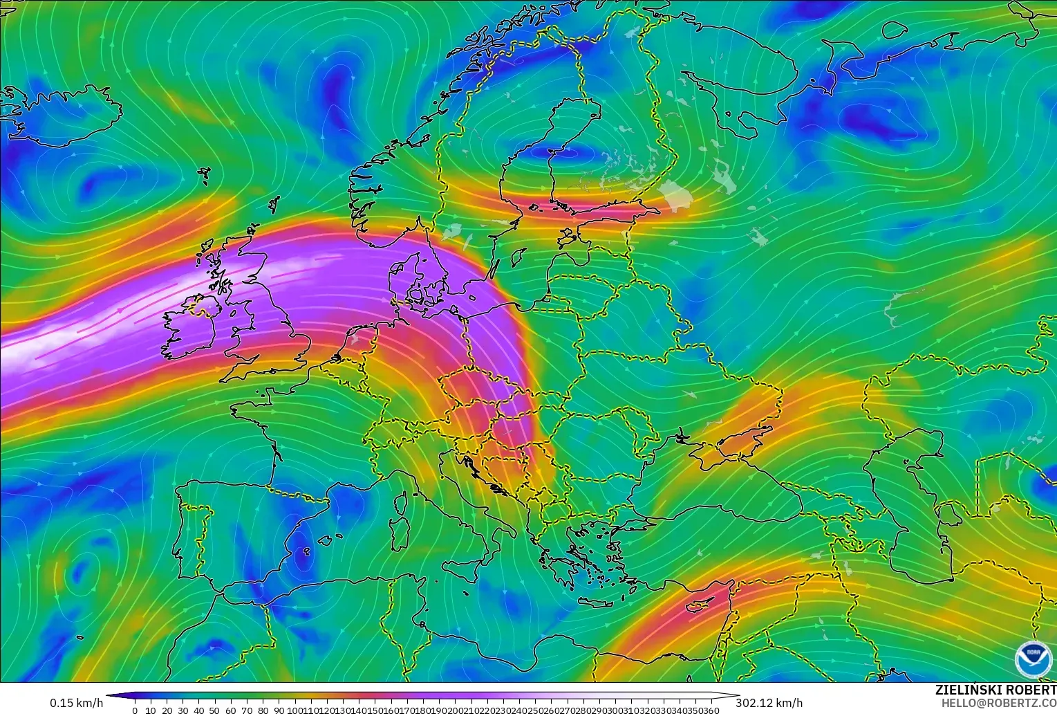 GFS モデル - ヨーロッパ, 風速（300hPa）